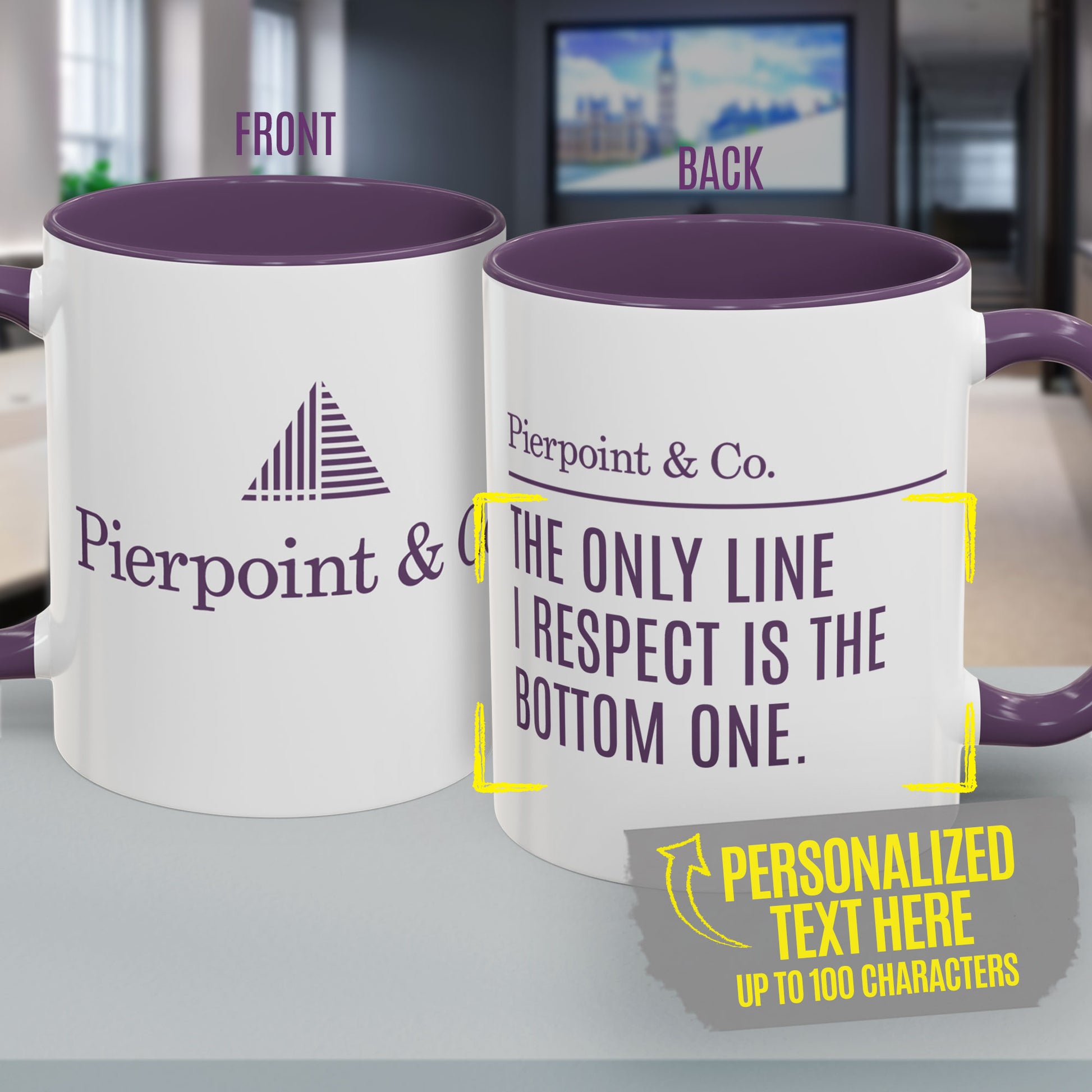 Purple and white accent mug with Pierpoint & Co. logo and personalized text inspired by HBO's Industry.