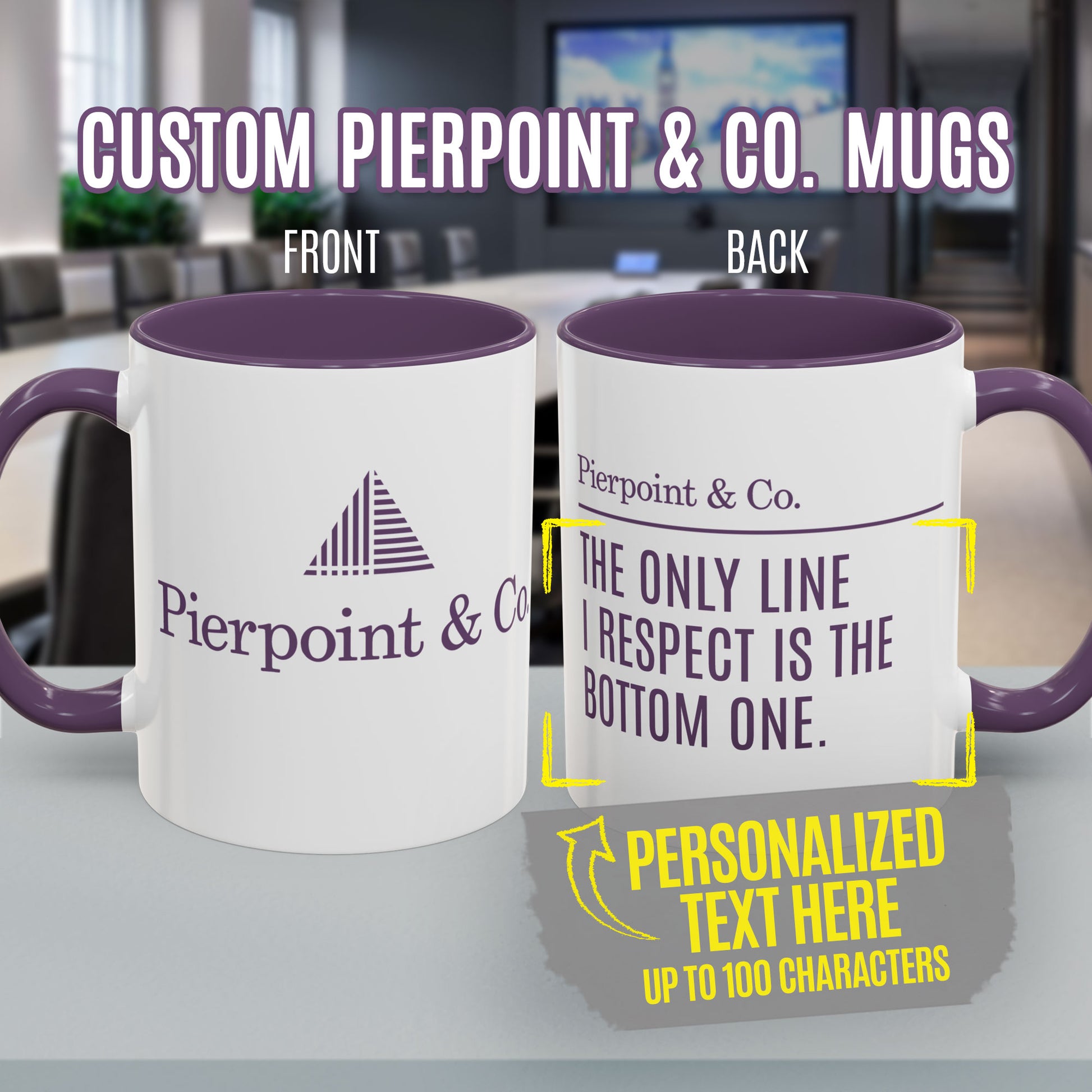 Front and Back of white and purple mug with Pierpoint & Co. logo on one side and customizable text on the other, inspired by HBO's Industry.