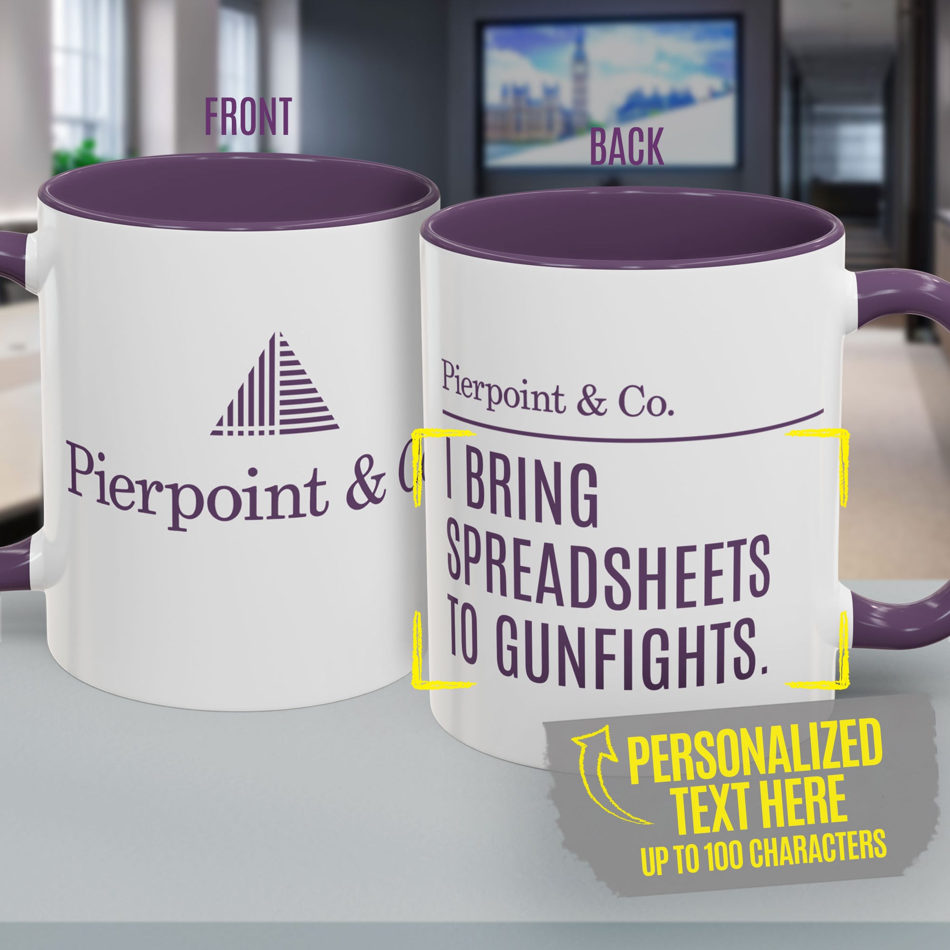 White and purple mug with Pierpoint & Co. logo and customizable text, inspired by HBO's Industry.