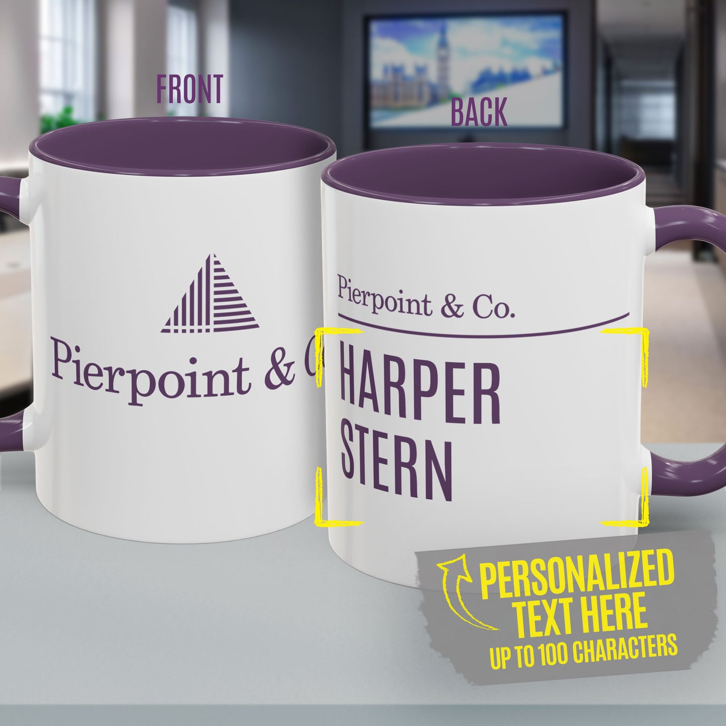 White and purple mug with Pierpoint & Co. logo and the name HARPER STERN, inspired by HBO's Industry.