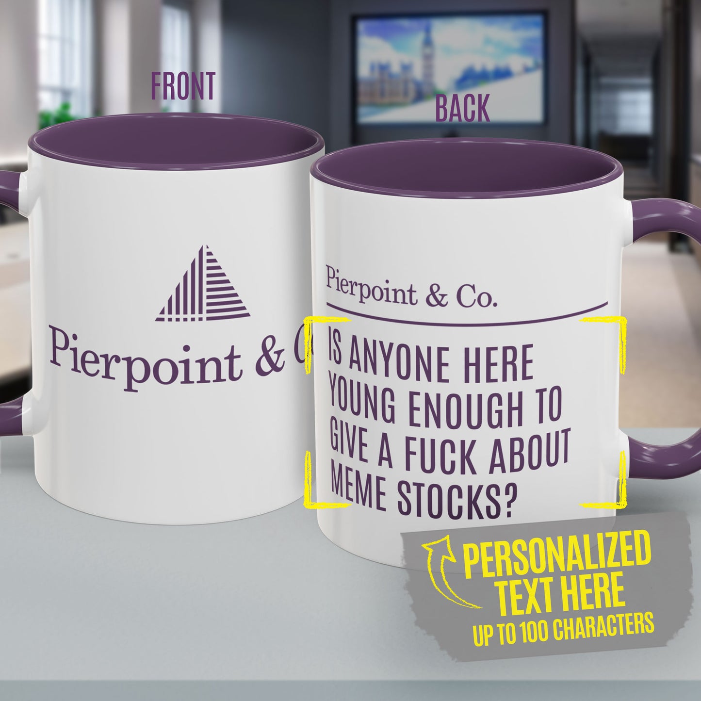 White and purple mug with Pierpoint & Co. logo and personalized text, inspired by HBO's Industry.