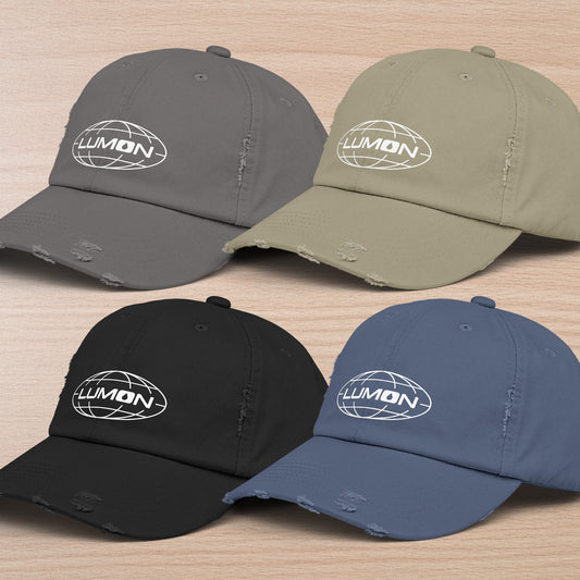 Group of 4 District DT600 Vintage Distressed Baseball Caps with the Lumon Industries logo from the show Severance.
