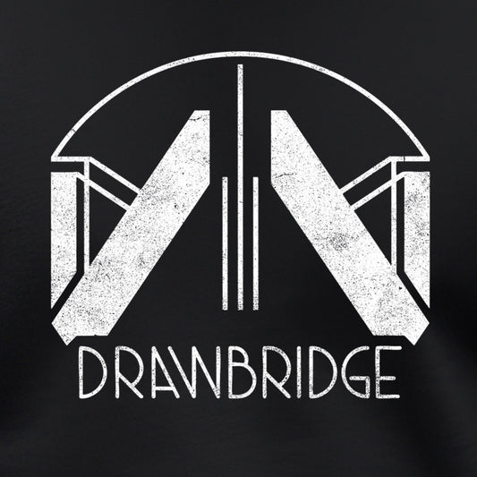 Closeup of a black colored soft Bella+Canvas 3001 short-sleeve t-shirt tee featuring the Drawbridge logo from the video game Death Stranding 2, in a vintage distressed style, sold by ScriptedBrand.