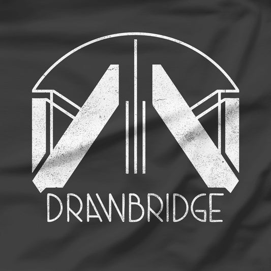 Closeup of black Bella Canvas t-shirt with the Drawbridge logo from the video game Death Stranding 2 in a vintage distressed style