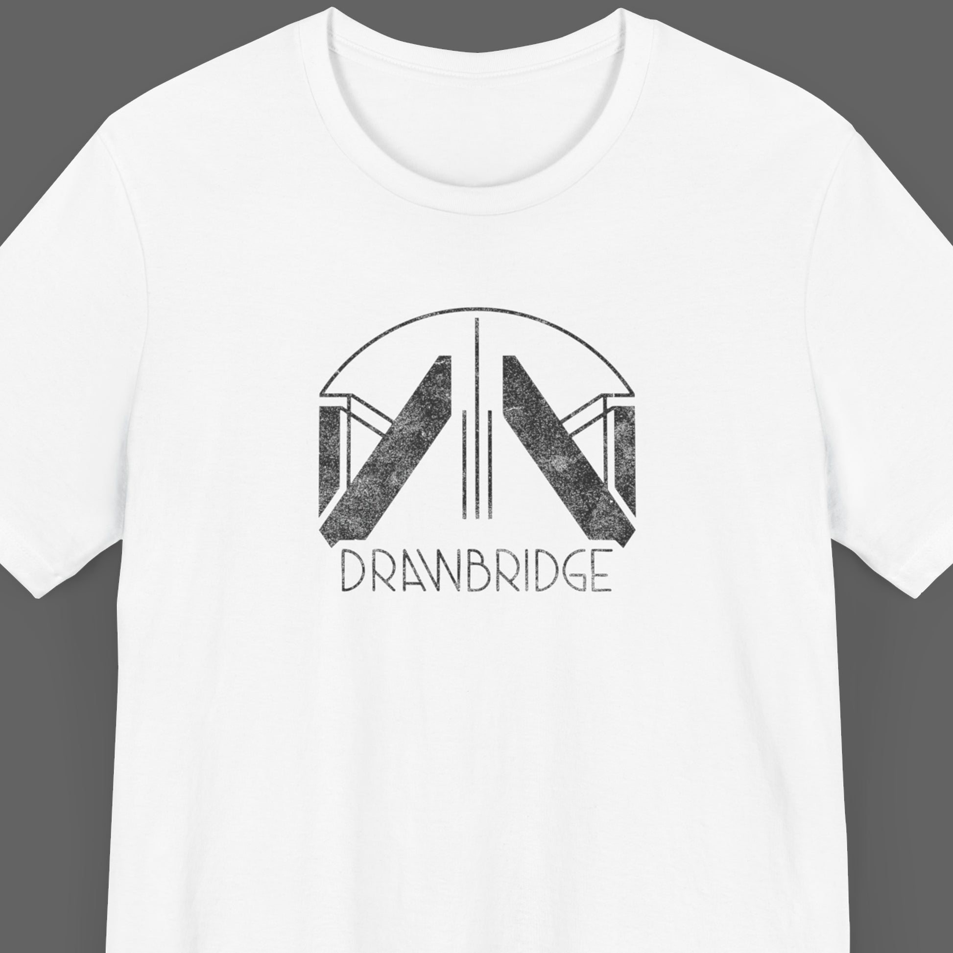 Front view of a white colored soft Bella+Canvas 3001 short-sleeve t-shirt featuring the Drawbridge logo from the video game Death Stranding 2, in a vintage distressed style, sold by ScriptedBrand.