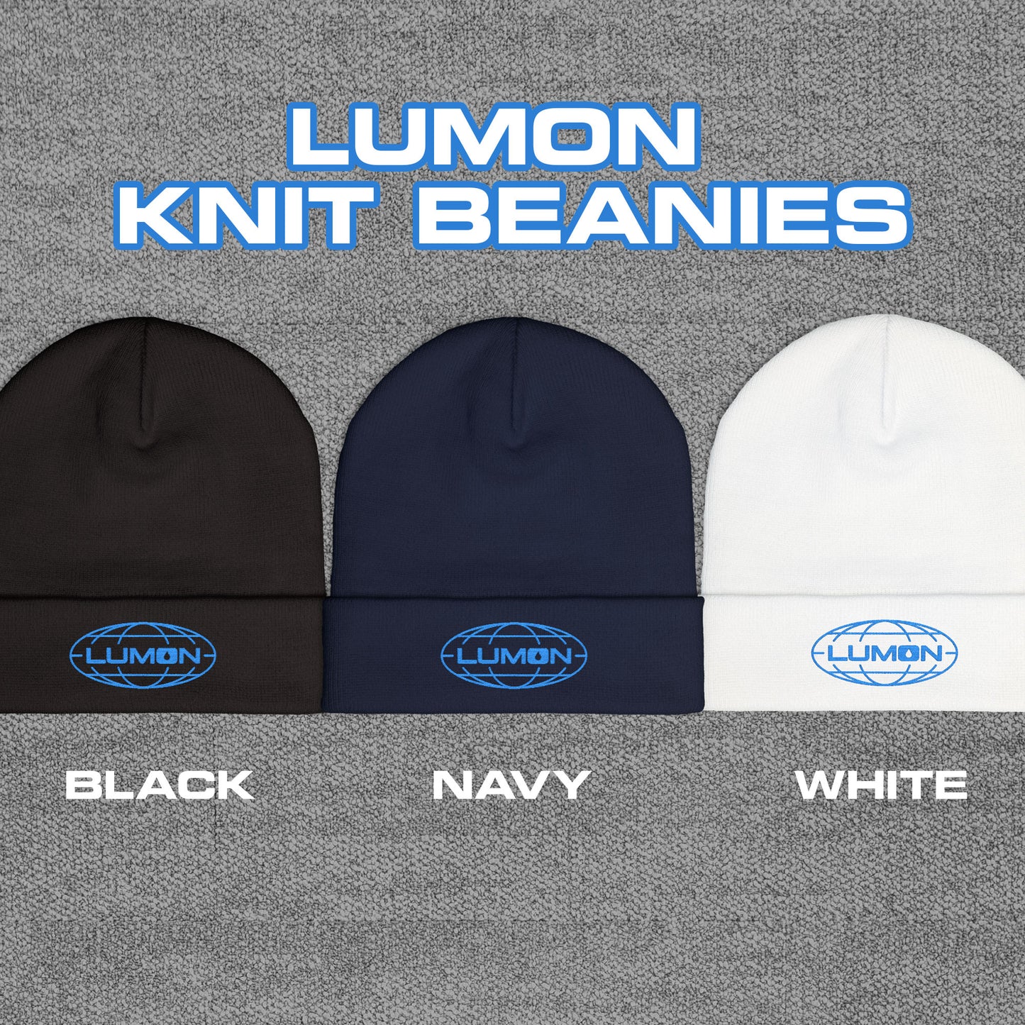 Three knit beanies with embroidered blue Lumon Industries logo from Apple TV’s Severance.