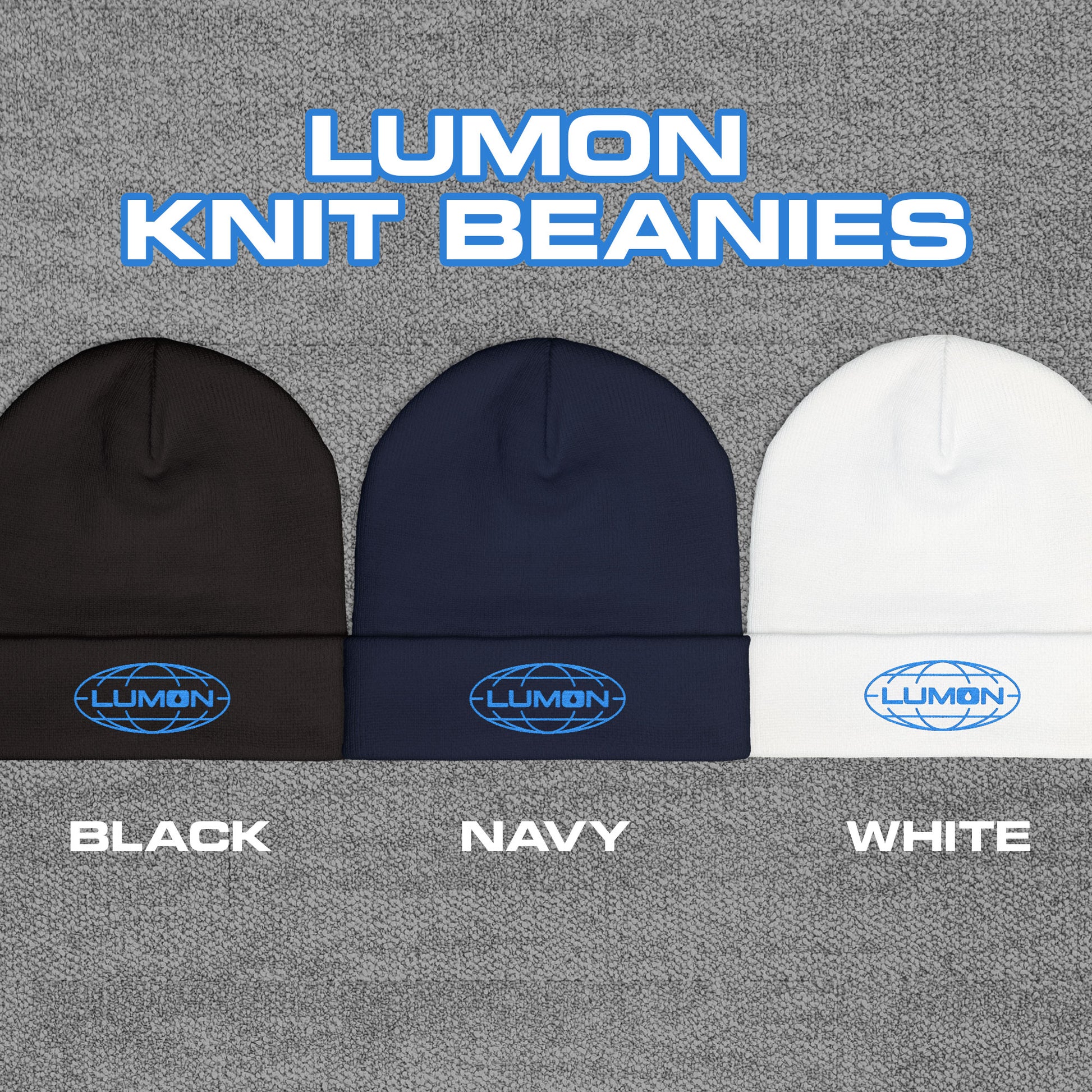 Three knit beanies with embroidered blue Lumon Industries logo from Apple TV’s Severance.