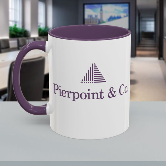 White ceramic mug with purple Pierpoint & Co. logo, handle, and interior inspired by the HBO series Industry.