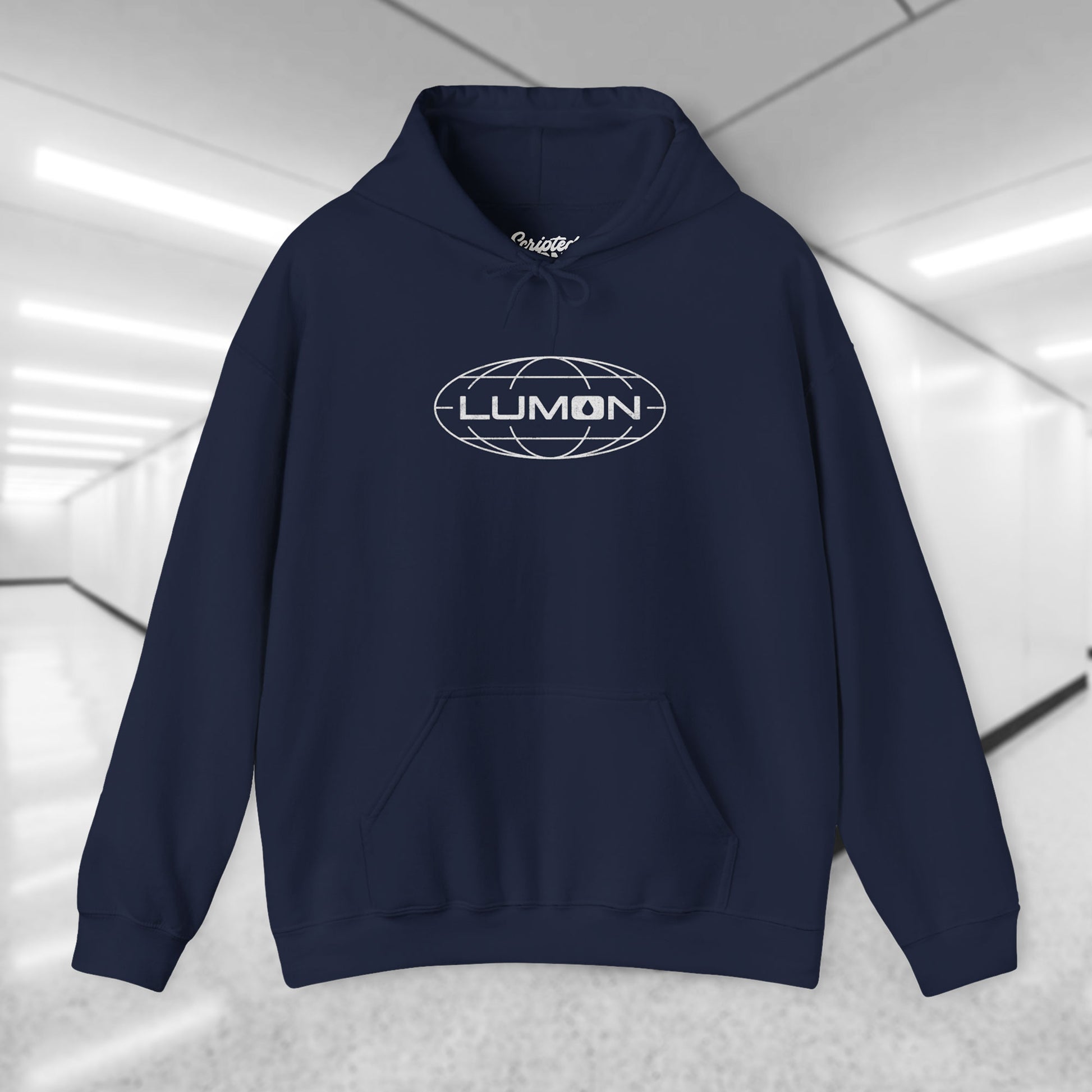 Navy blue colored Soft Unisex Heavy Blend Hooded Sweatshirt featuring the fictional Lumon Industries logo from the Apple TV show Severance.