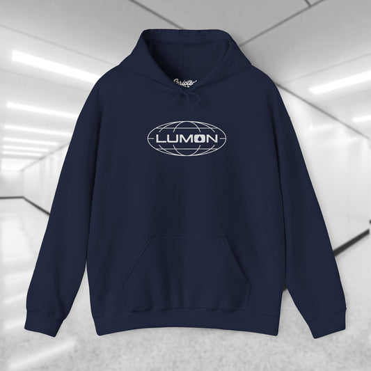 Navy blue colored Soft Unisex Heavy Blend Hooded Sweatshirt featuring the fictional Lumon Industries logo from the Apple TV show Severance.