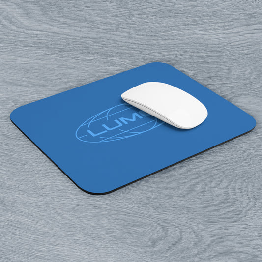 Angled view of a 9x8 modern blue Mouse pad with the Lumon Industries logo from the TV show Severance.