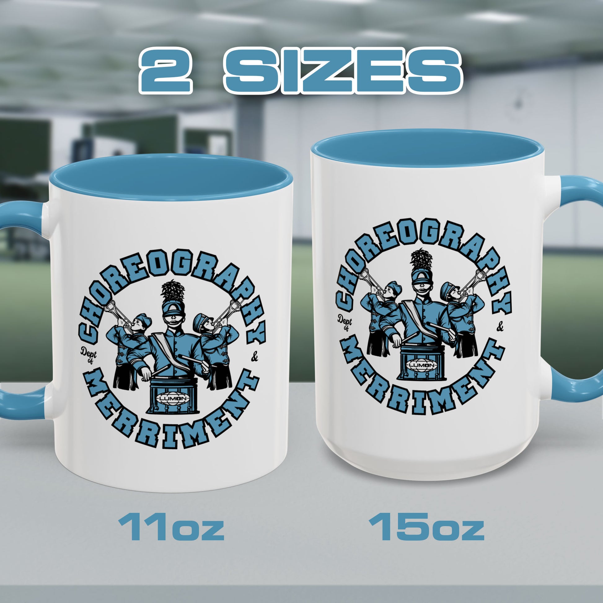 11 and 15 oz White ceramic accent mugs with blue handle featuring Severance Dept. of Choreography & Merriment graphic.