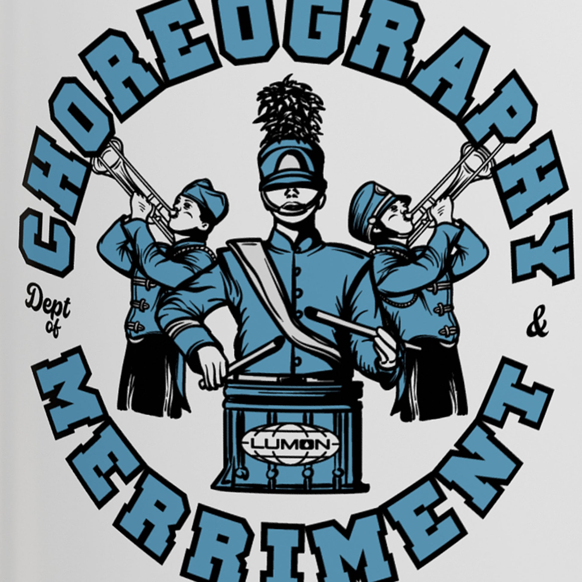 Closeup view of White ceramic accent mug with blue handle featuring Severance Dept. of Choreography & Merriment graphic.