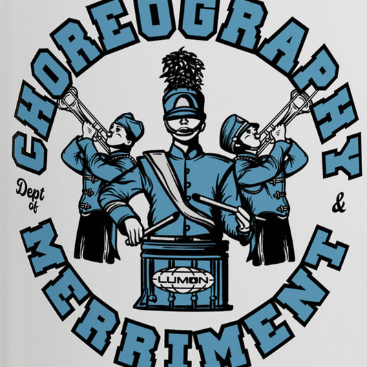 Closeup view of White ceramic accent mug with blue handle featuring Severance Dept. of Choreography & Merriment graphic.
