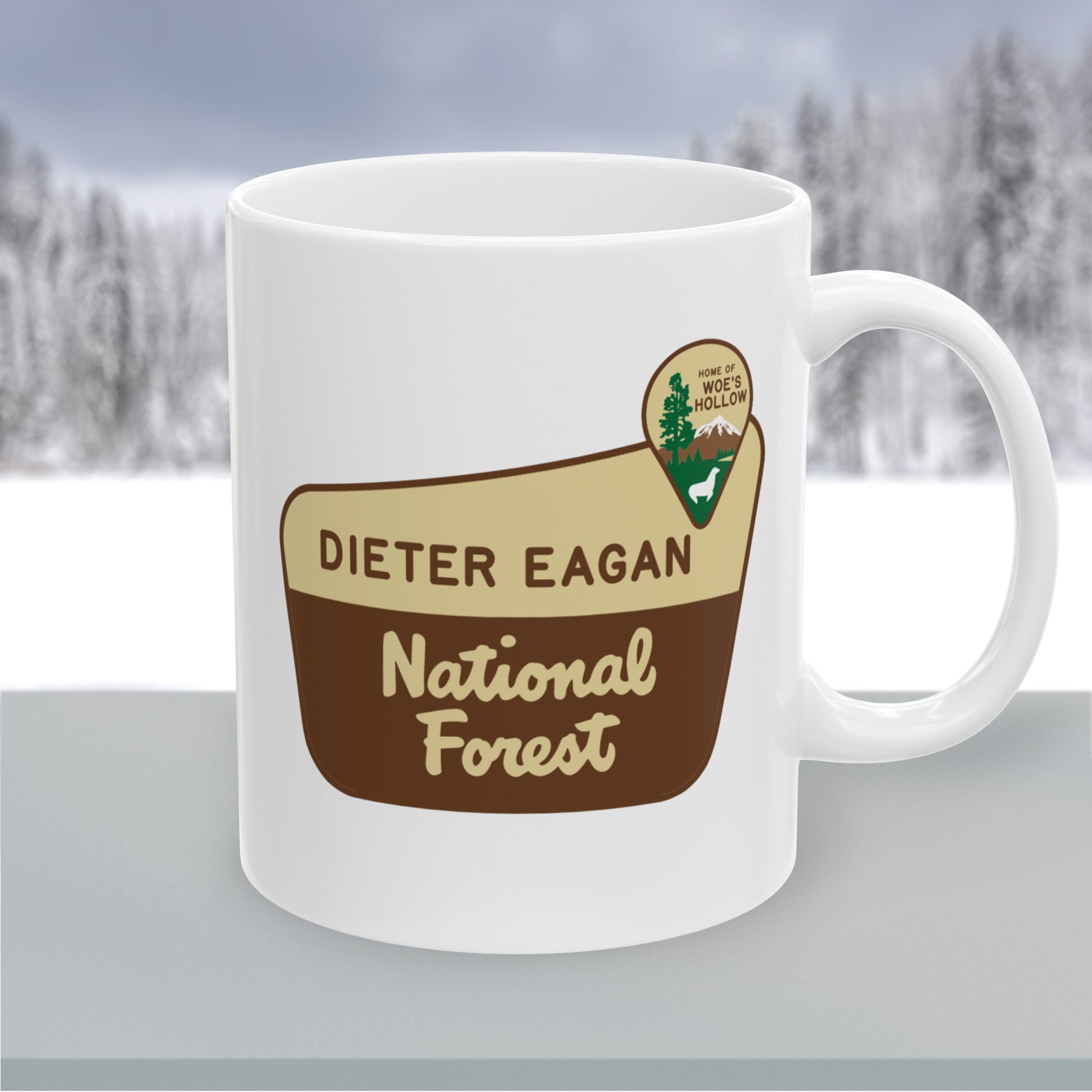 11 oz White ceramic mug with Dieter Eagan National Forest logo, inspired by Woe’s Hollow episode in Severance.