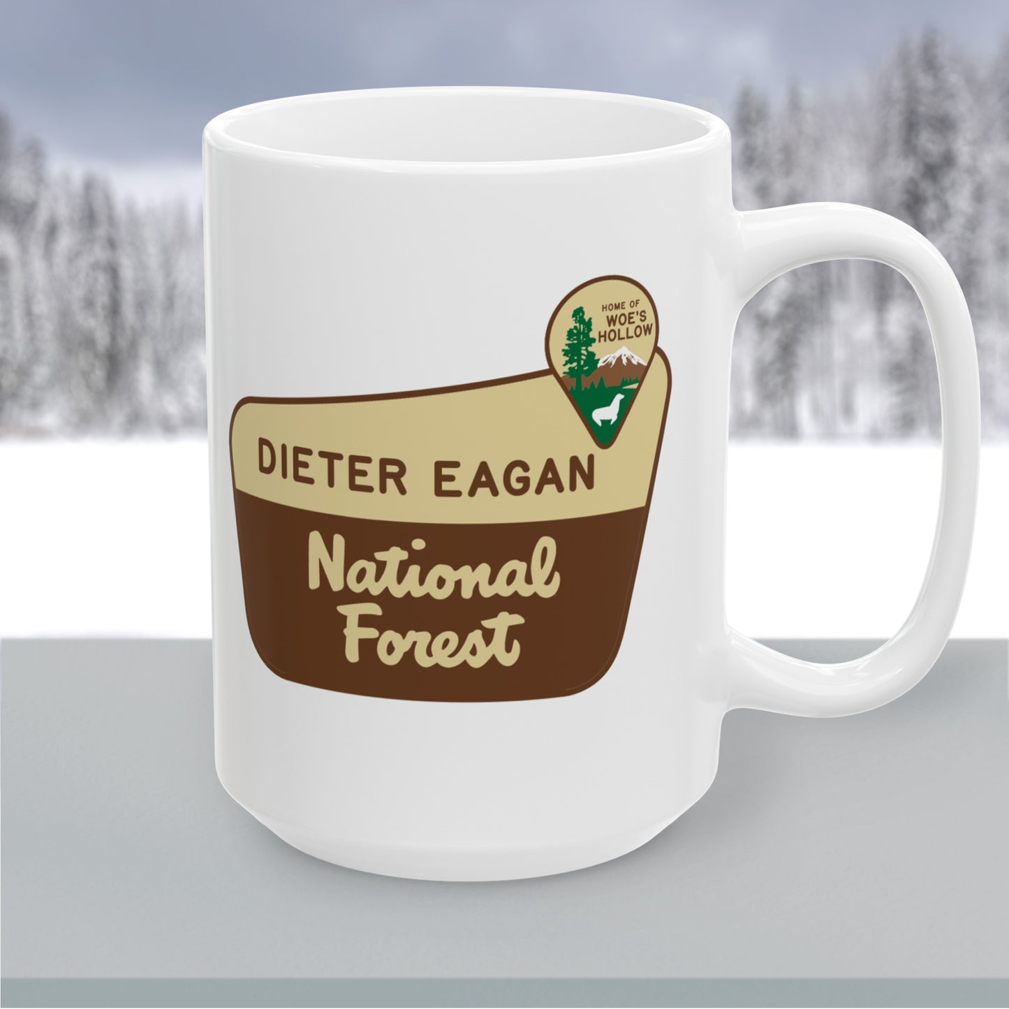 15 oz White ceramic mug with Dieter Eagan National Forest logo, inspired by Woe’s Hollow episode in Severance.
