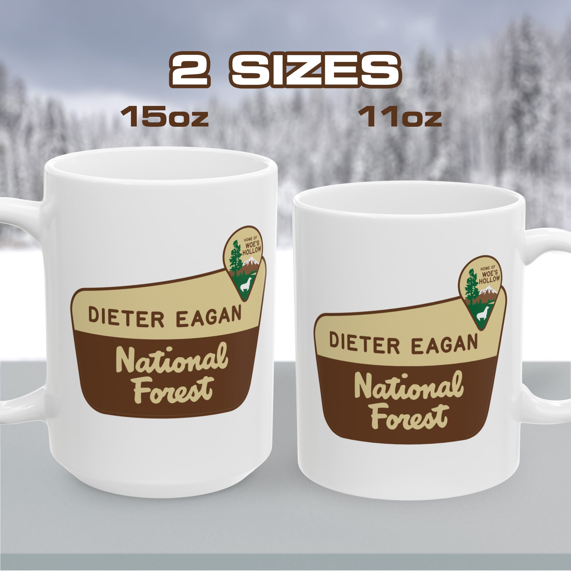 11 and 15 oz White ceramic mugs with Dieter Eagan National Forest logo, inspired by Woe’s Hollow episode in Severance.