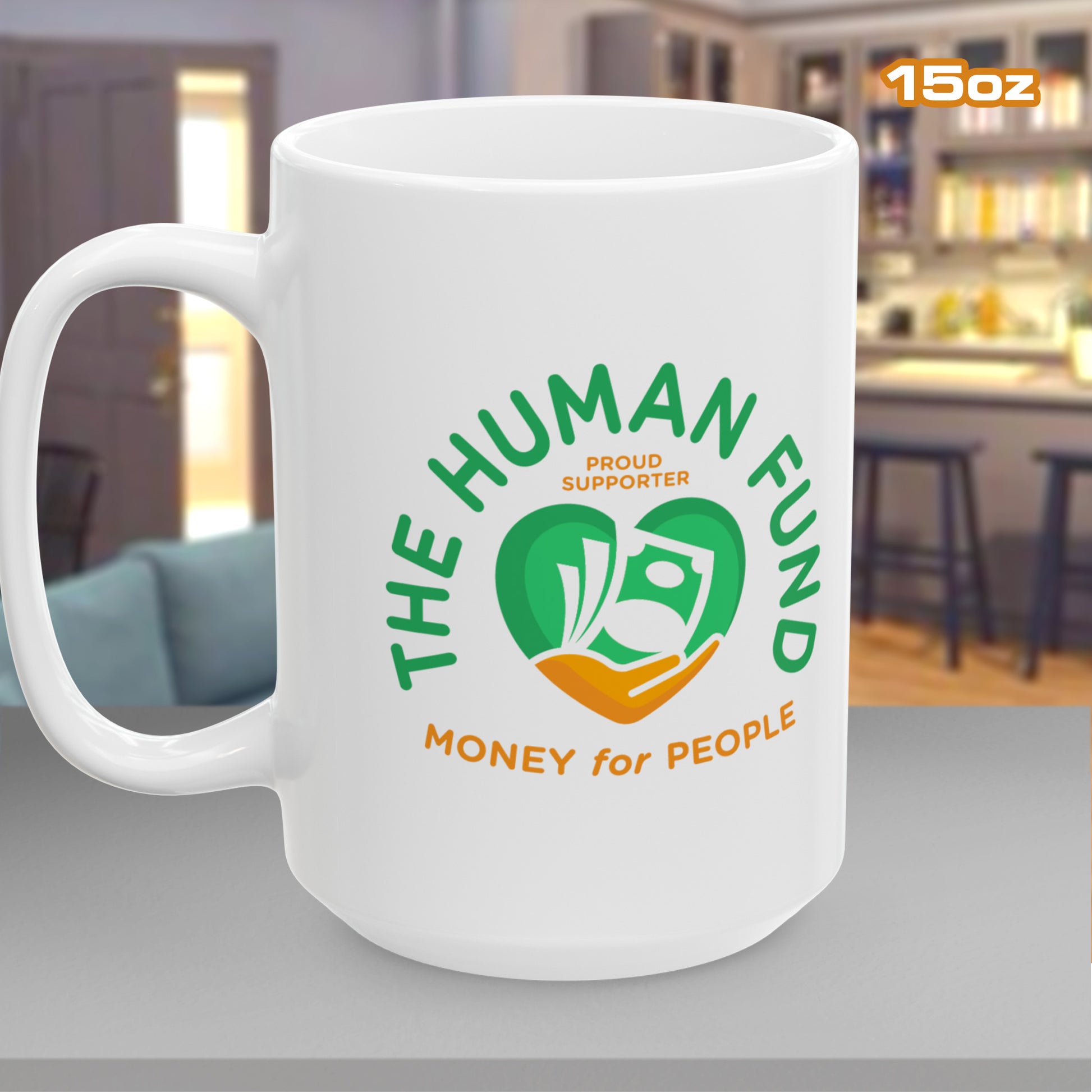 15 oz White ceramic mug with The Human Fund fake charity logo inspired by Seinfeld and George Costanza, in Jerry's apartment.
