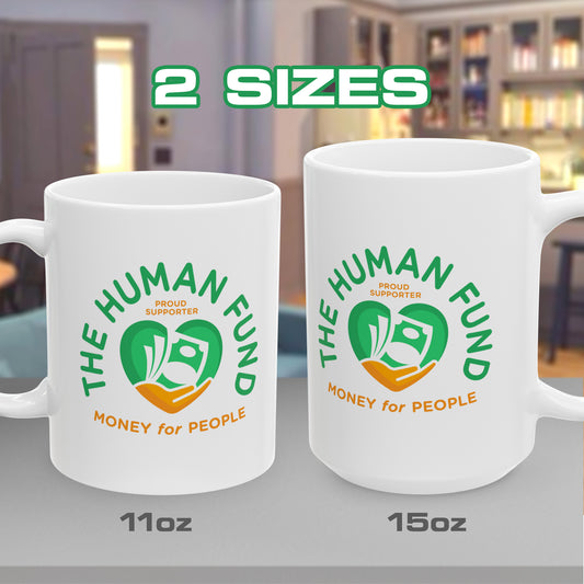 11 and 15 oz White ceramic mugs with The Human Fund fake charity logo inspired by Seinfeld and George Costanza.