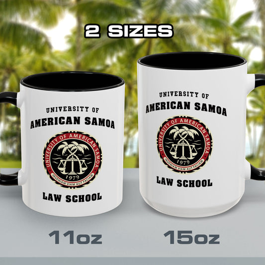 Two white mugs with black interior and handle, featuring 'University of American Samoa Law School' text and logo.