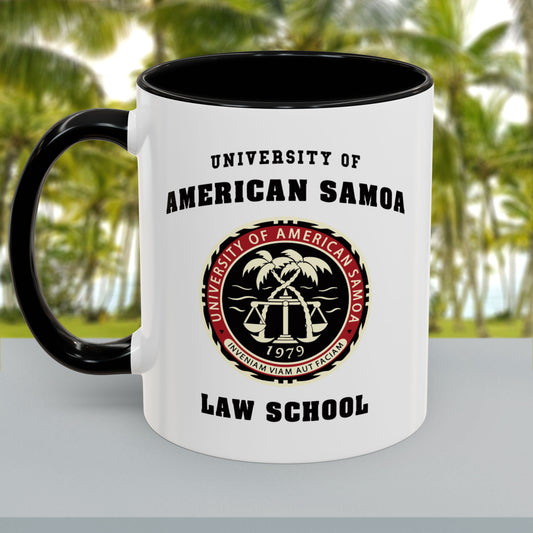 Ceramic coffee mug with black handle featuring University of American Samoa Law School logo from Better Call Saul on both sides.