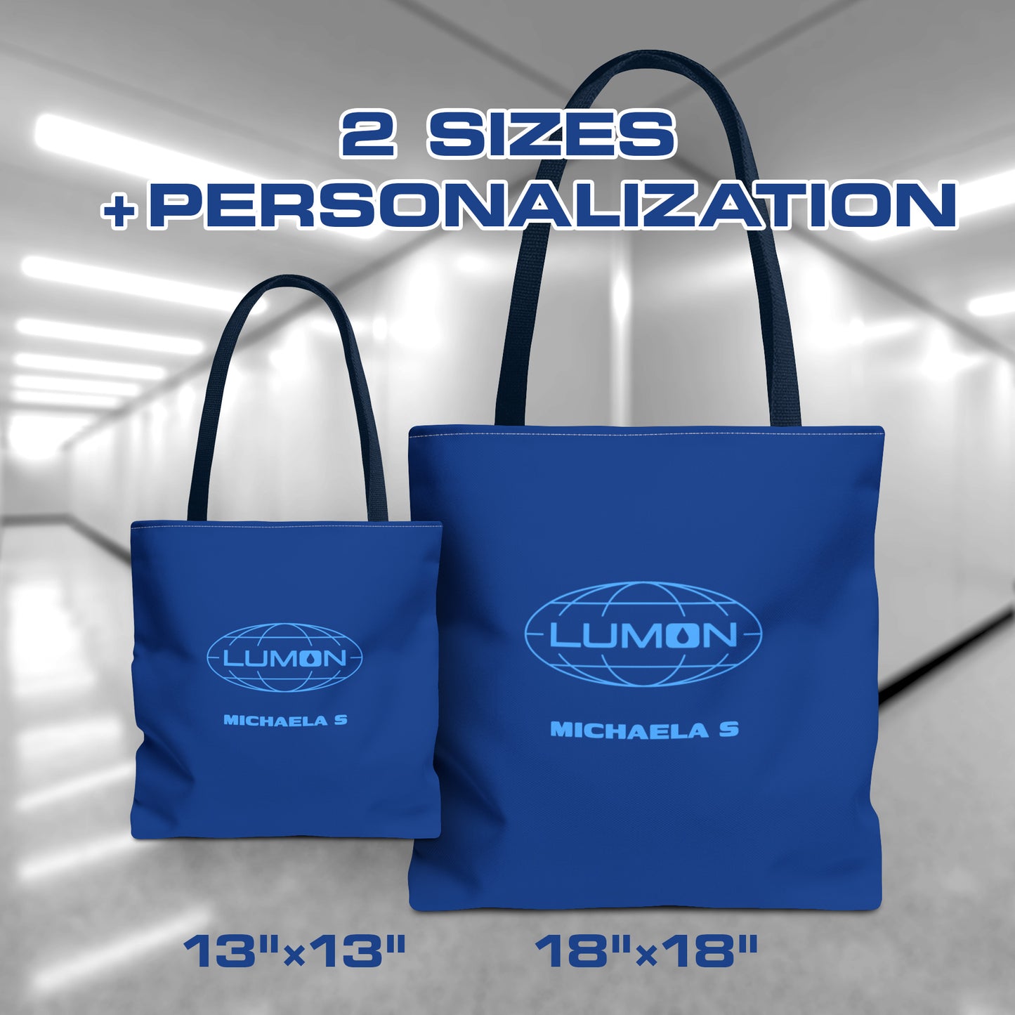 Front views of a 2 sizes of Blue Tote Bags featuring the logo of Lumon Industries from the Apple TV Show Severance, along with added customizable text by the customer, which is "MICHAELA S."
