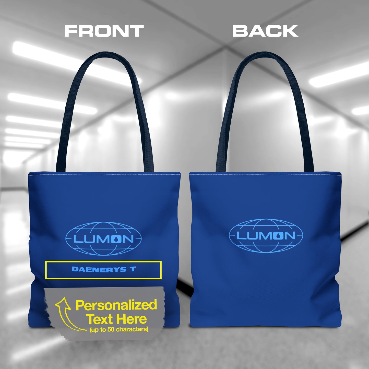 Front and back view of a Blue Tote Bag featuring the logo of Lumon Industries from the Apple TV Show Severance, along with added customizable text by the customer, which is "DAENERYS T."