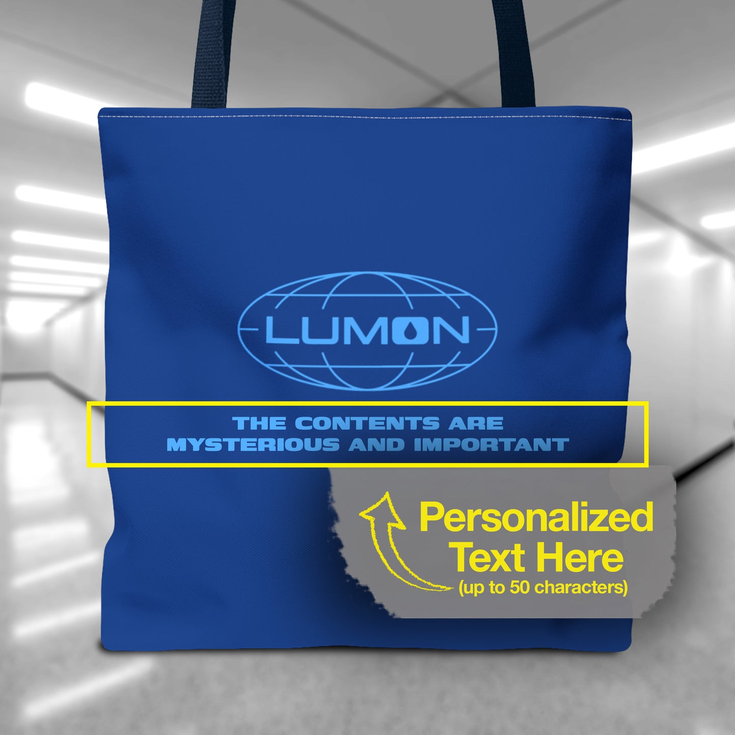 Front view of a Blue Tote Bag featuring the logo of Lumon Industries from the Apple TV Show Severance, along with added customizable text by the customer, which is "THE CONTENTS ARE MYSTERIOUS AND IMPORTANT."