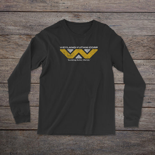 Front view of a black colored soft unisex Bella-Canvas 3501 long-sleeve t-shirt featuring the fictional Weyland-Yutani logo from the movie Alien and Aliens franchise in a vintage distressed style, sold by ScriptedBrand.