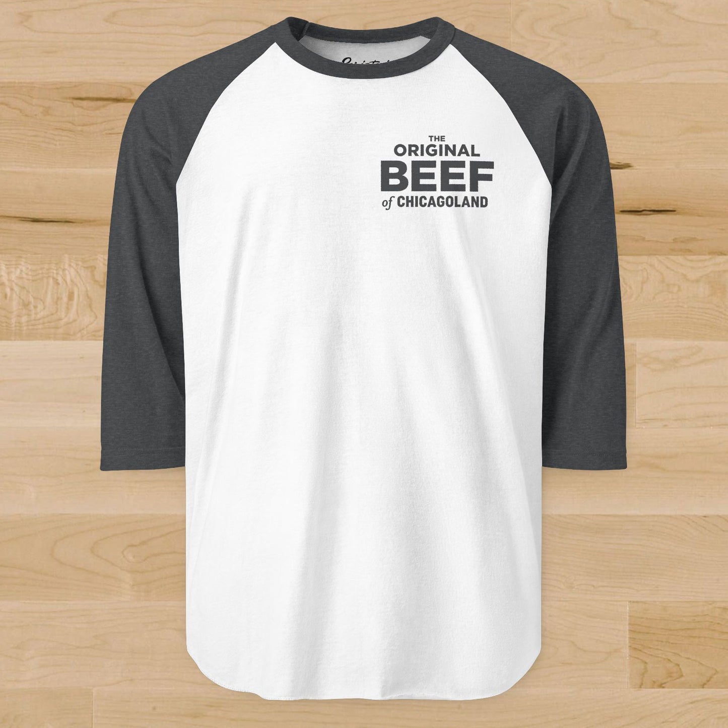 The Bear Original Beef of Chicagoland raglan baseball t-shirt, white body with heather charcoal gray 3/4 sleeves and chest logo.
