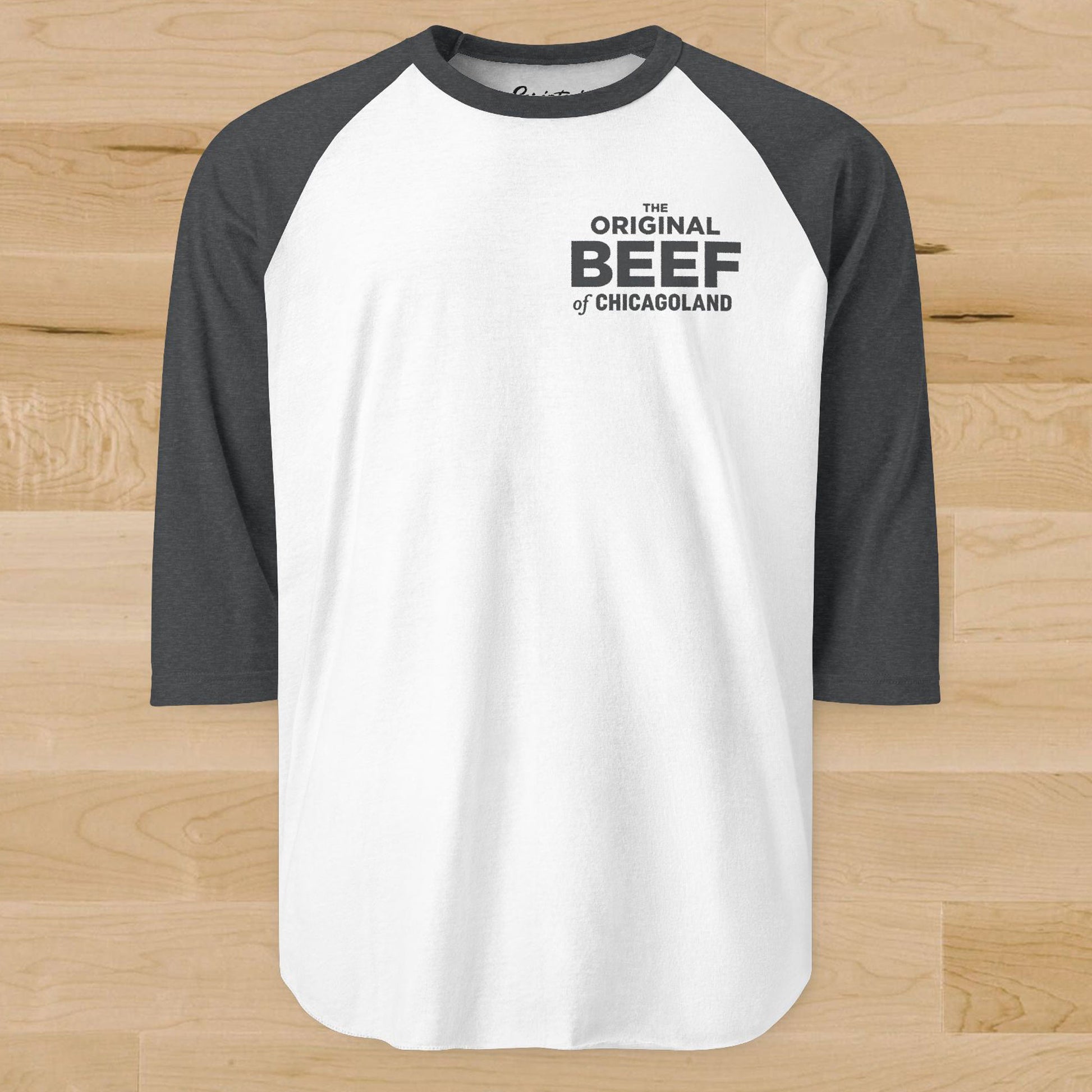 The Bear Original Beef of Chicagoland raglan baseball t-shirt, white body with heather charcoal gray 3/4 sleeves and chest logo.