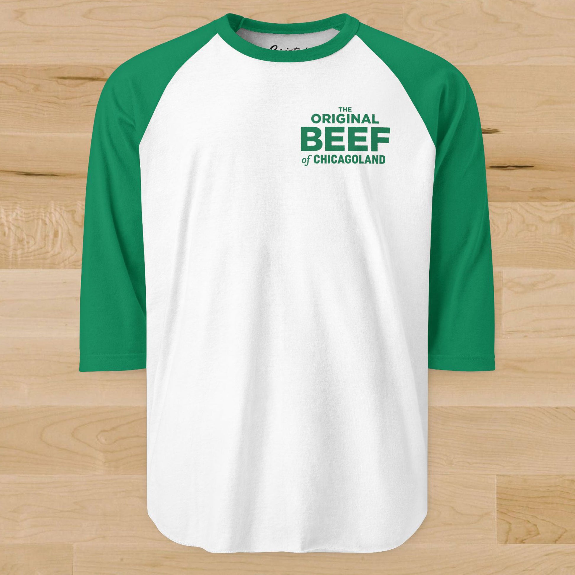 The Bear Original Beef of Chicagoland raglan baseball t-shirt, white body with green 3/4 sleeves and chest logo.