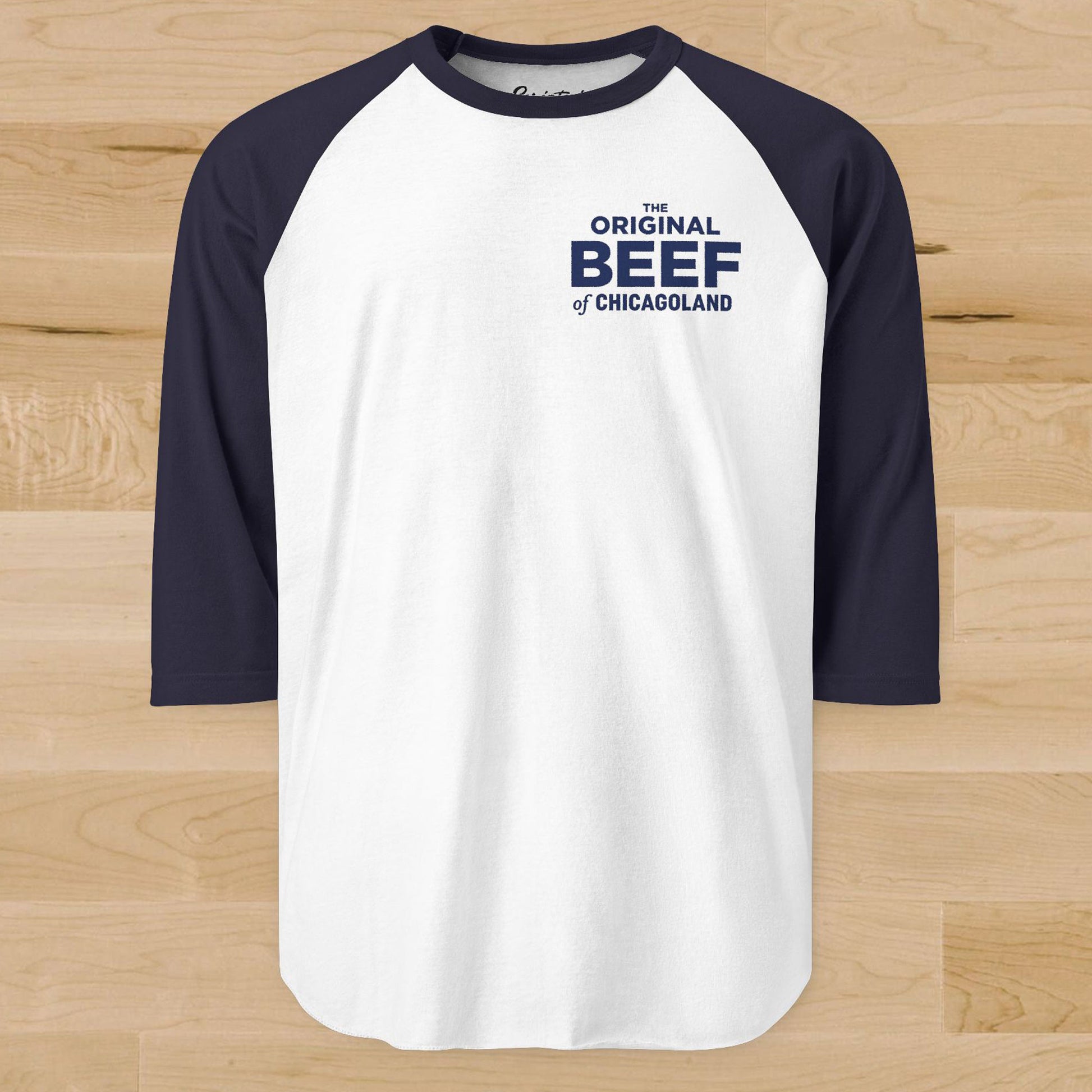 The Bear Original Beef of Chicagoland raglan baseball t-shirt, white body with navy blue 3/4 sleeves and chest logo.