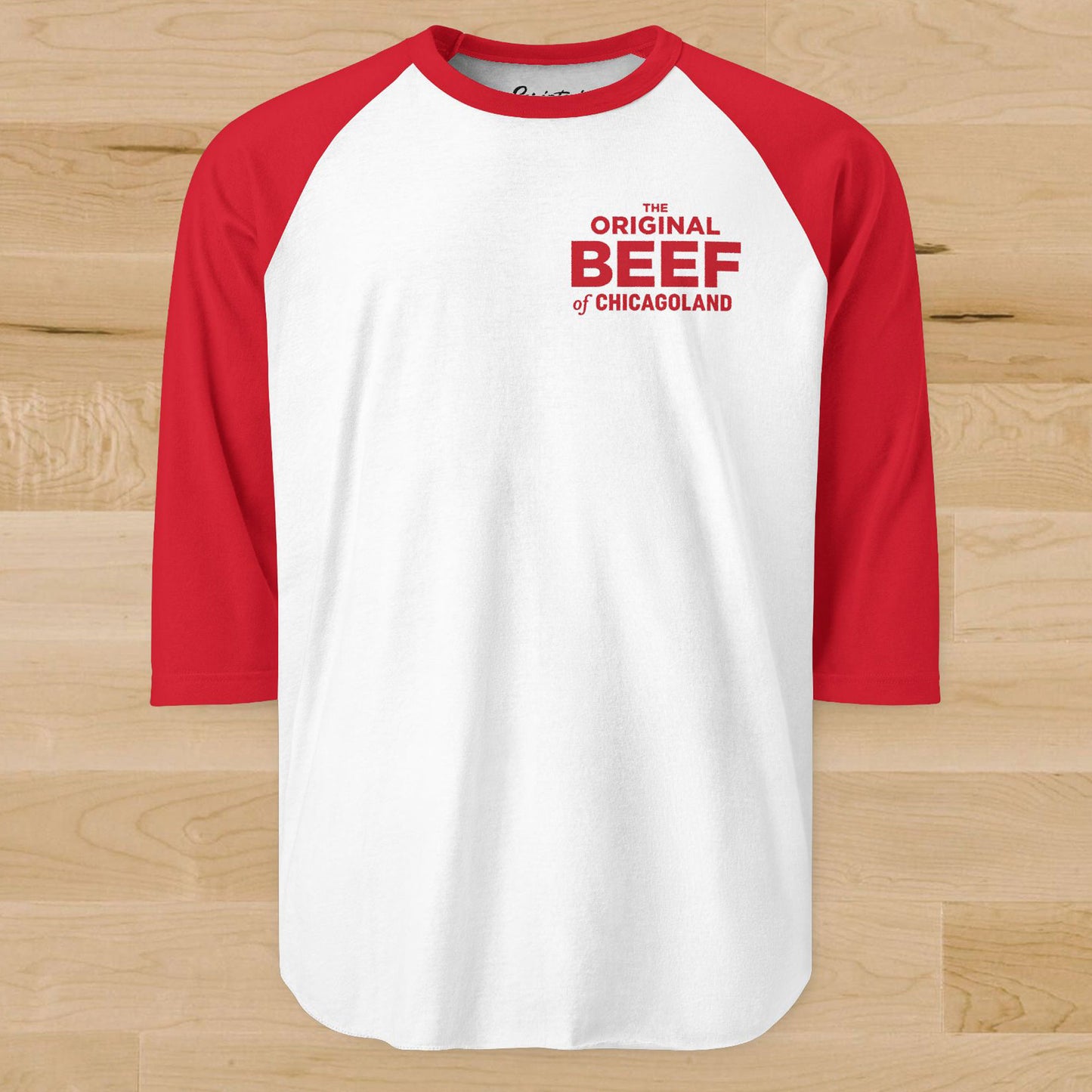 The Bear Original Beef of Chicagoland raglan baseball t-shirt, white body with red 3/4 sleeves and chest logo.