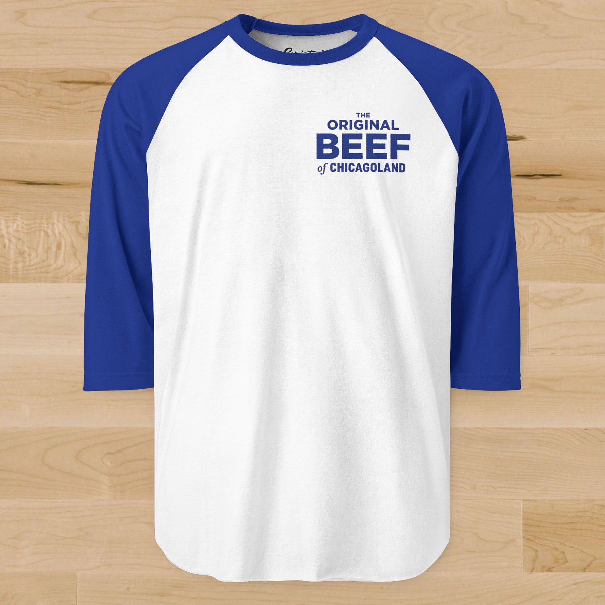 The Bear Original Beef of Chicagoland raglan baseball t-shirt, white body with royal blue 3/4 sleeves and chest logo.