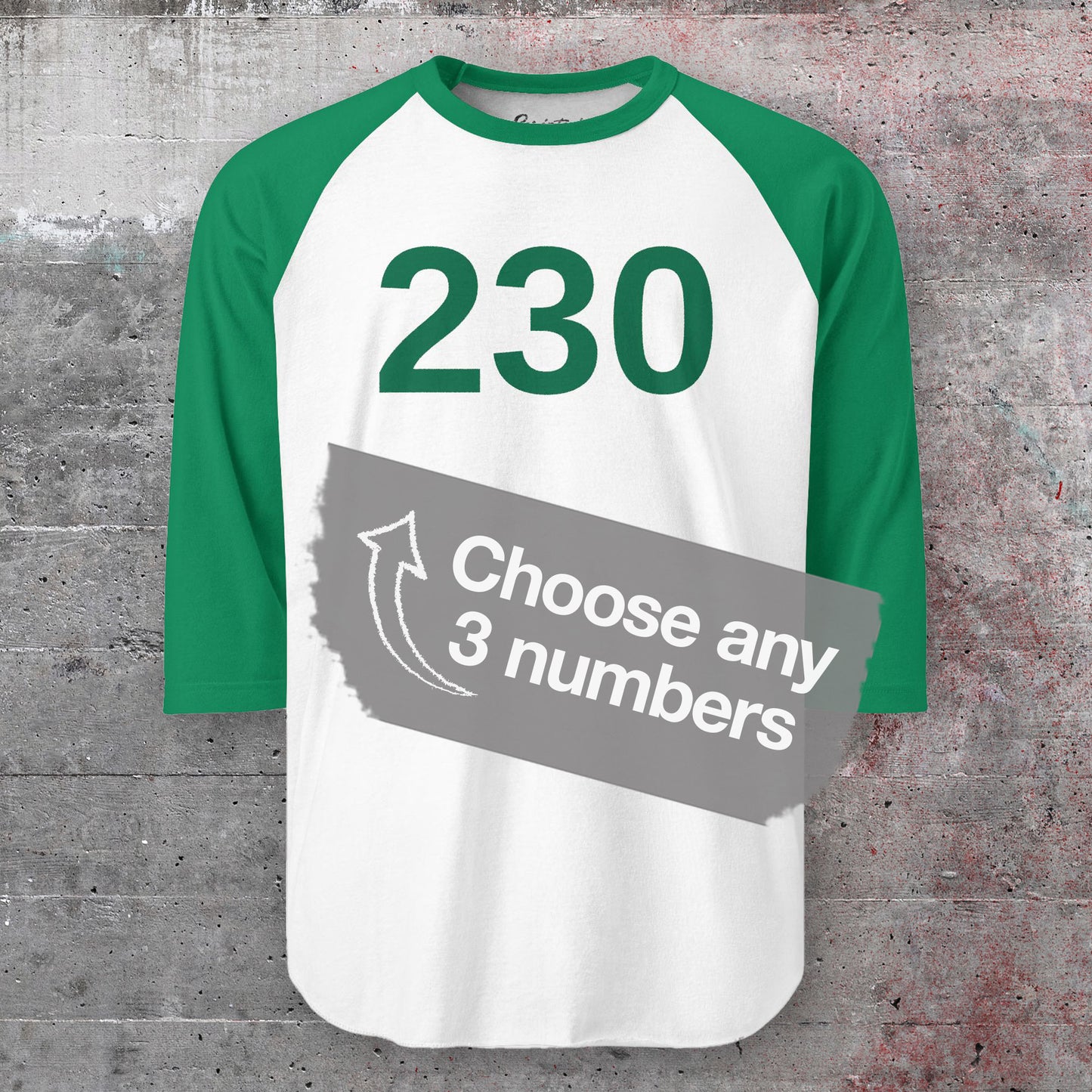 Green and White colored soft Tultex 245 Unisex Three-Quarter Sleeve Raglan Player T-Shirt featuring the numerals 230 from the popular TV series Squid Game. The shirt can be personalized by the customer to include any three digits.