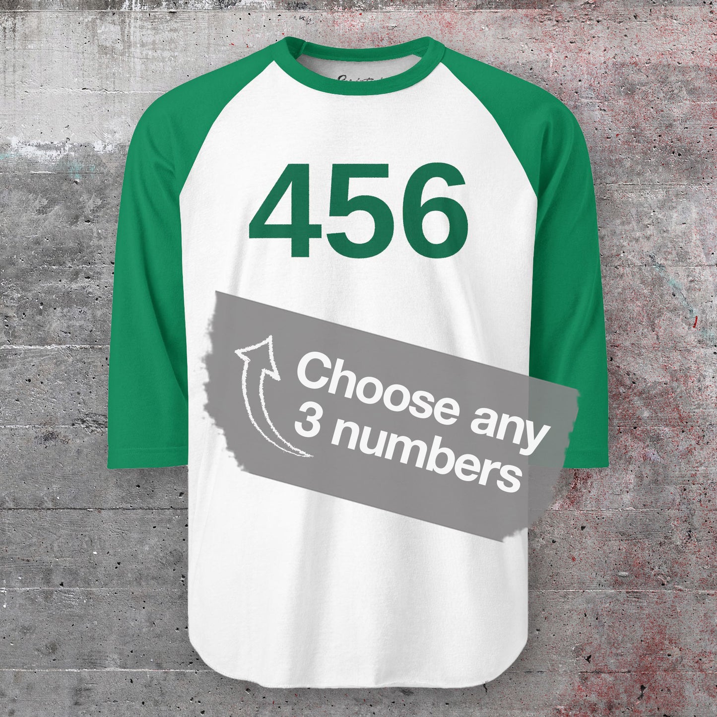 Green and White colored soft Tultex 245 Unisex Three-Quarter Sleeve Raglan Player T-Shirt featuring the numerals 456 from the popular TV series Squid Game. The shirt can be personalized by the customer to include any three digits.