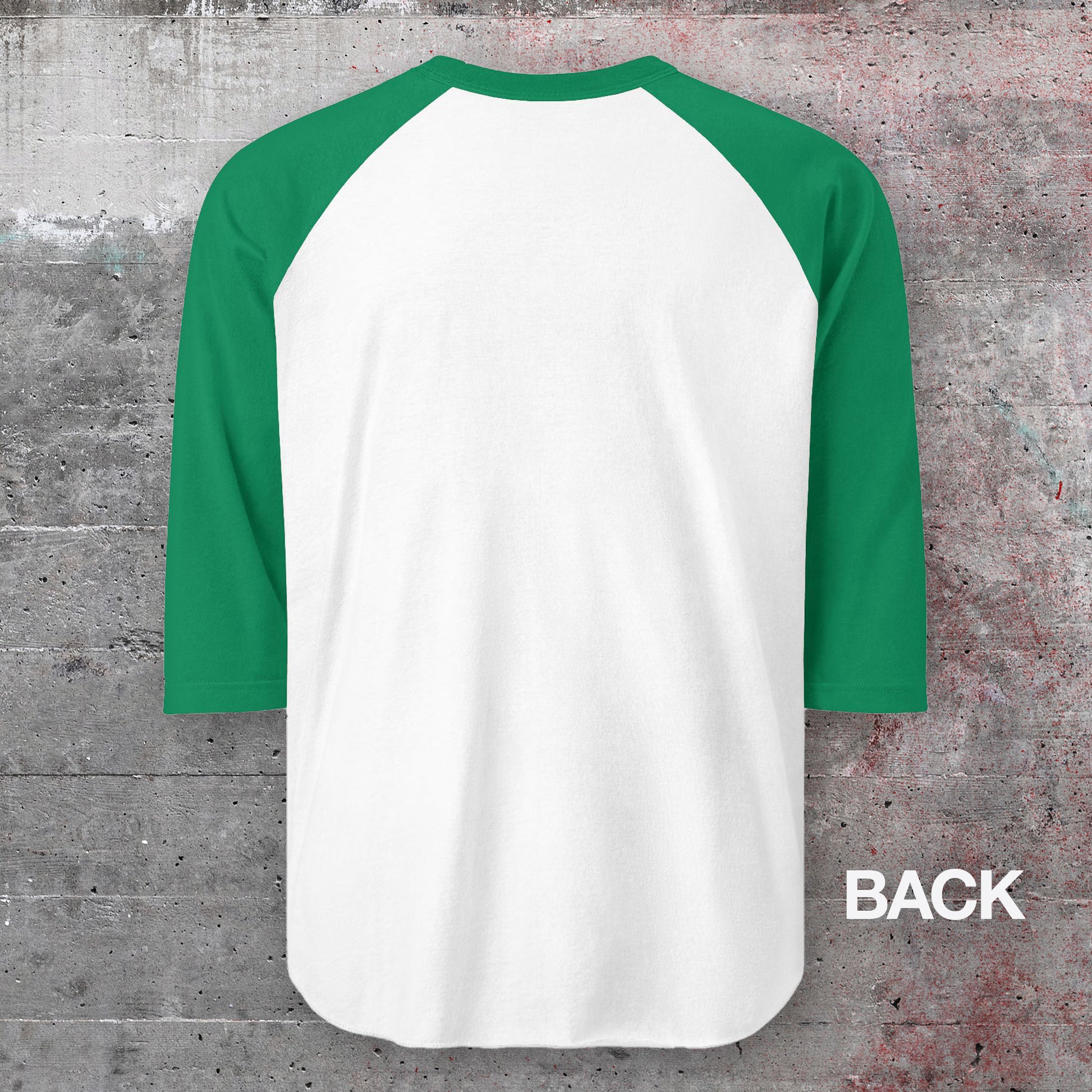 Back side of a Green and White colored soft Tultex 245 Unisex Three-Quarter Sleeve Raglan Player T-Shirt featuring the numerals 456 from the popular TV series Squid Game. The shirt can be personalized by the customer to include any three digits.