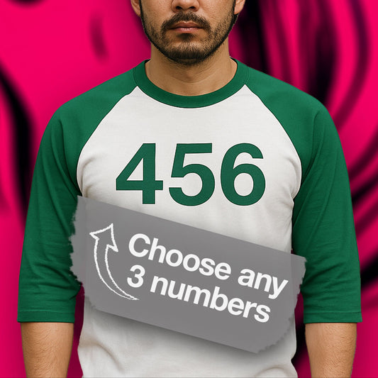 Male model wearing a Green and White colored soft Tultex 245 Unisex Three-Quarter Sleeve Raglan Player T-Shirt featuring the numerals 456 from the popular Korean TV series Squid Game. The shirt can be personalized by the customer to include any three digits.