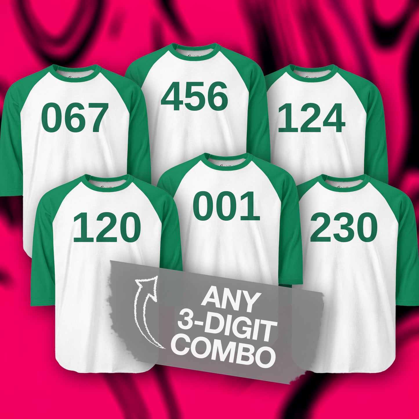 Group of Green and White colored soft Tultex 245 Unisex Three-Quarter Sleeve Raglan Player T-Shirts featuring different numerals from the popular TV series Squid Game. The shirt can be personalized by the customer to include any three digits.