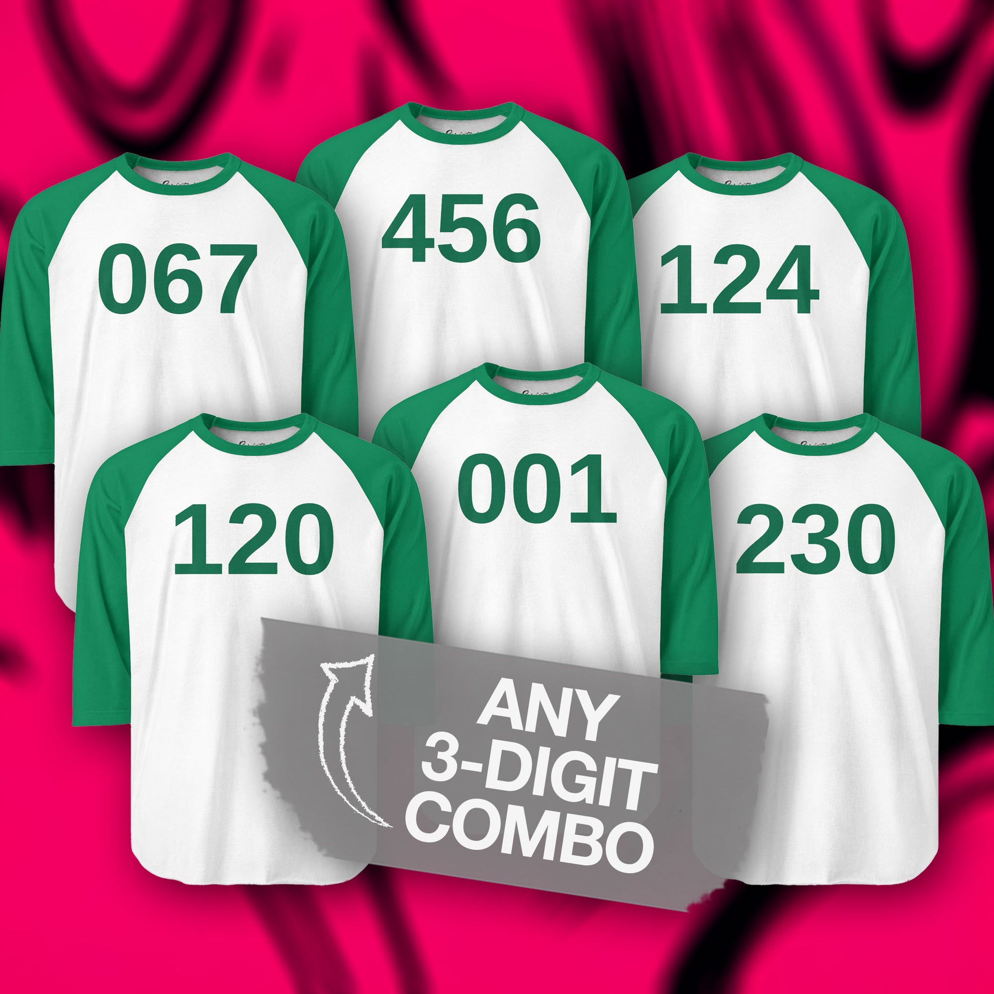 Group of Green and White colored soft Tultex 245 Unisex Three-Quarter Sleeve Raglan Player T-Shirts featuring different numerals from the popular TV series Squid Game. The shirt can be personalized by the customer to include any three digits.