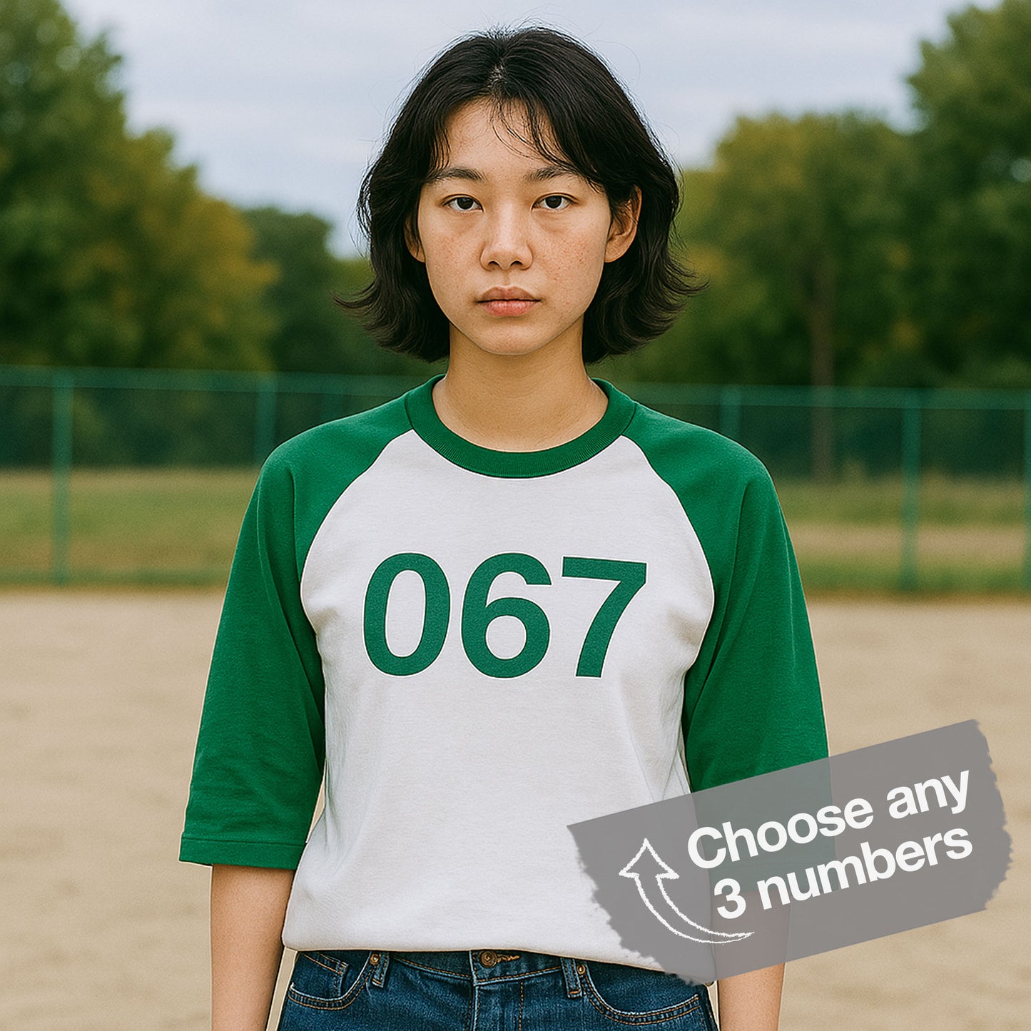 Female model wearing a Green and White colored soft Tultex 245 Unisex Three-Quarter Sleeve Raglan Player T-Shirt featuring the numerals 067 from the popular Korean TV series Squid Game. The shirt can be personalized by the customer to include any three digits.