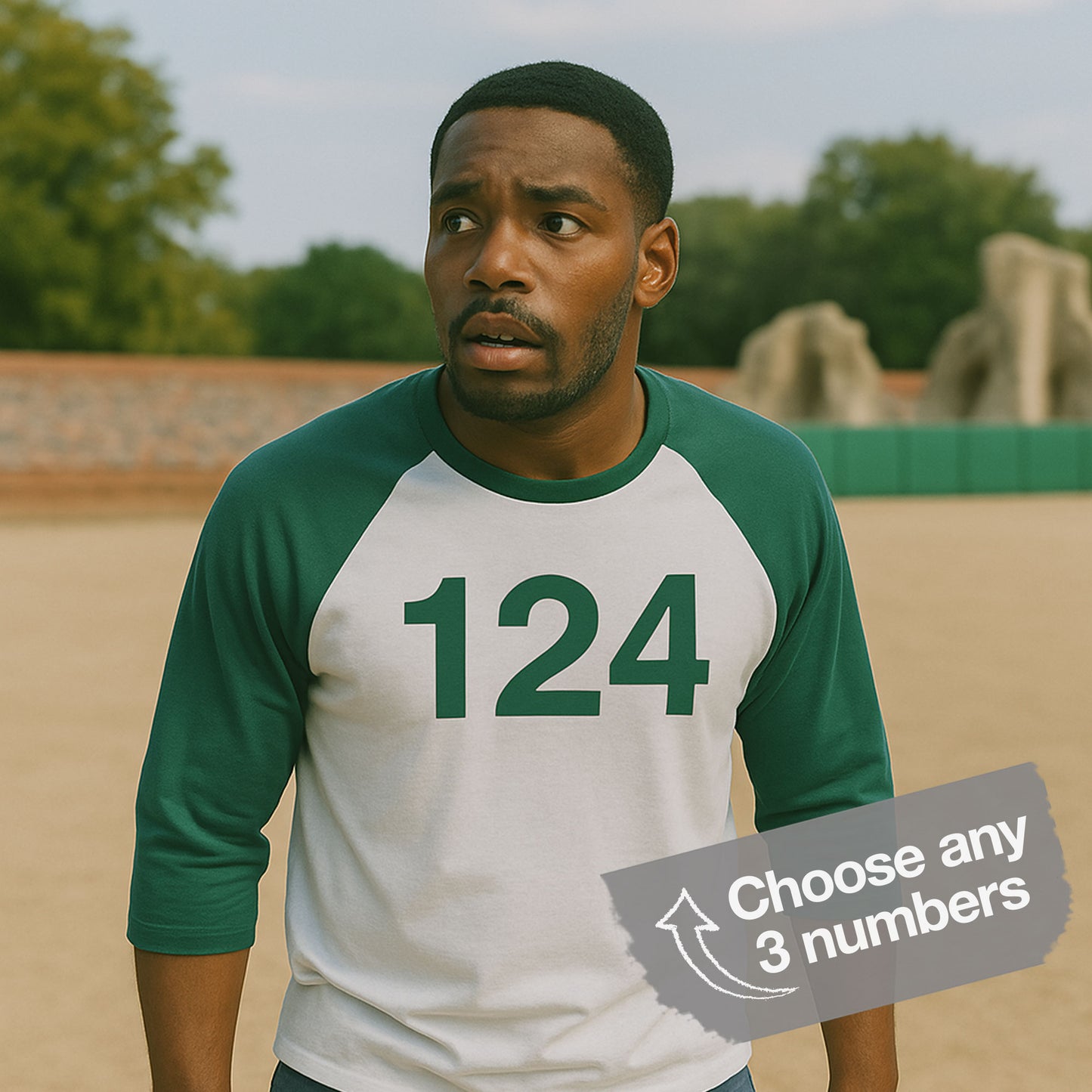Male model wearing a Green and White colored soft Tultex 245 Unisex Three-Quarter Sleeve Raglan Player T-Shirt featuring the numerals 124 from the popular TV series Squid Game. The shirt can be personalized by the customer to include any three digits.