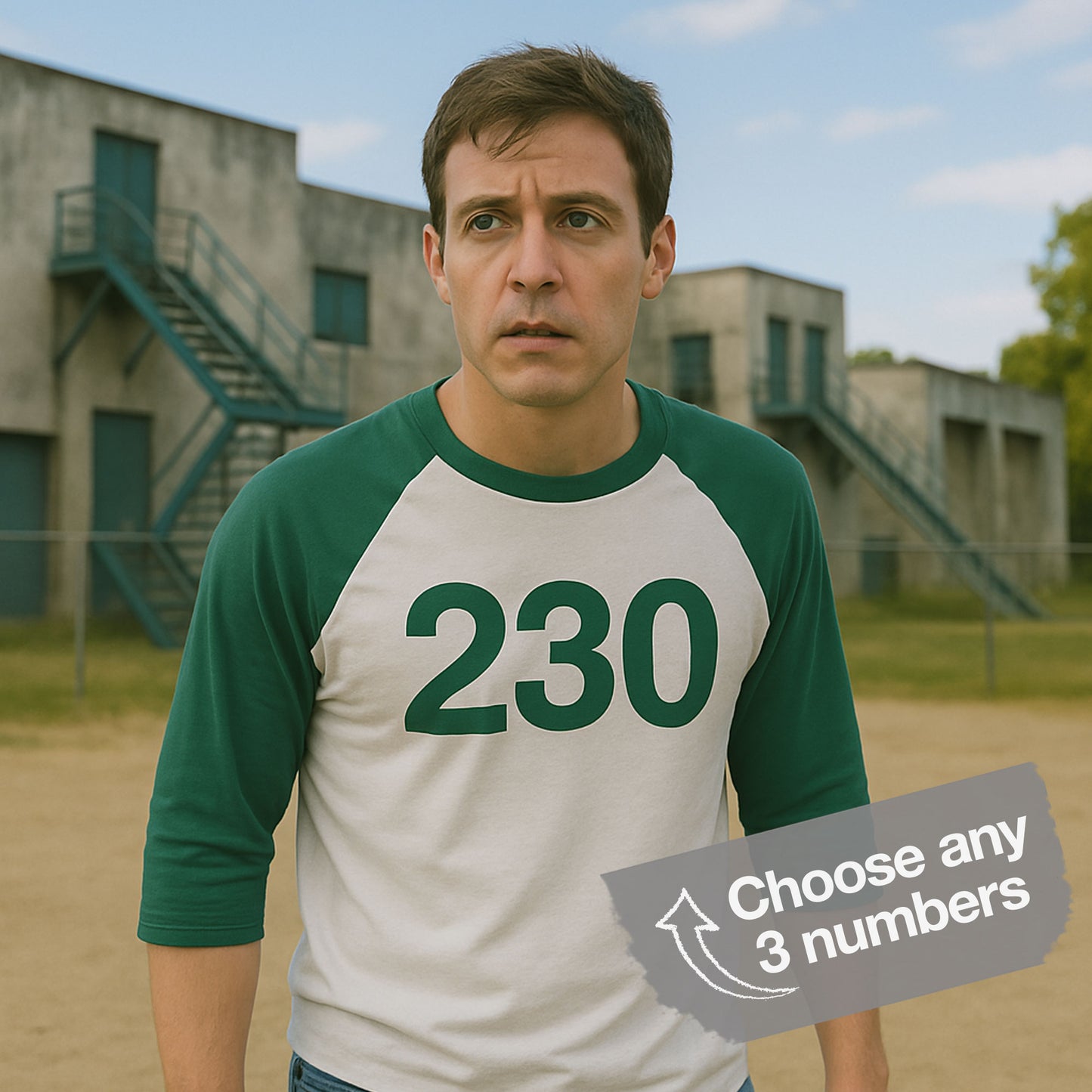 Male model wearing a Green and White colored soft Tultex 245 Unisex Three-Quarter Sleeve Raglan Player T-Shirt featuring the numerals 230 from the popular TV series Squid Game. The shirt can be personalized by the customer to include any three digits.