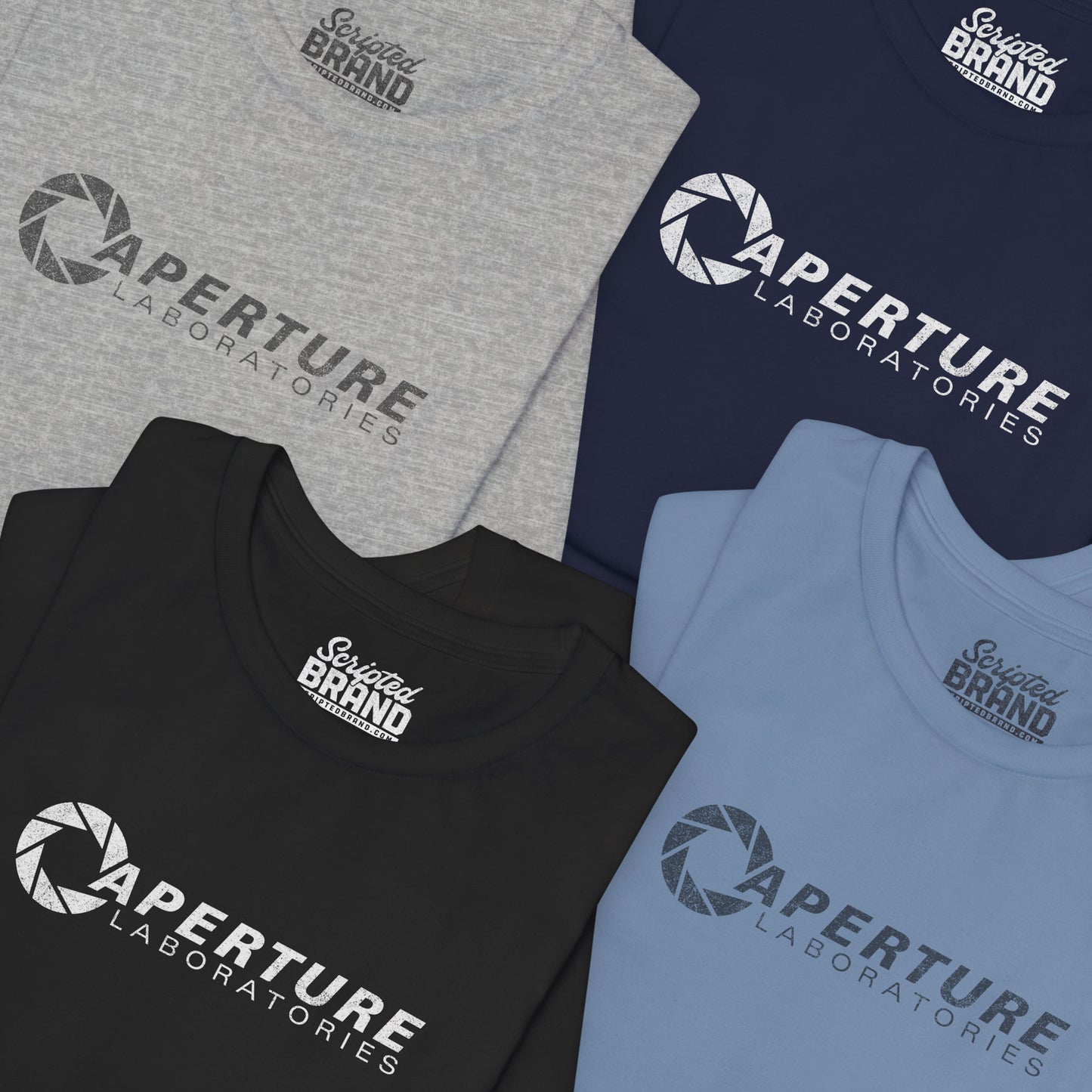 Four folded Bella Canvas t-shirts with the Aperture Laboratories logo from the video game Portal and Portal 2 in a vintage distressed style.
