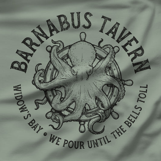 Closeup of Sage green tee with vintage engraved Barnabus Tavern octopus and ship's wheel Widow's Bay design