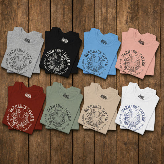 Eight folded tees with vintage engraved Barnabus Tavern octopus and ship's wheel Widow's Bay design
