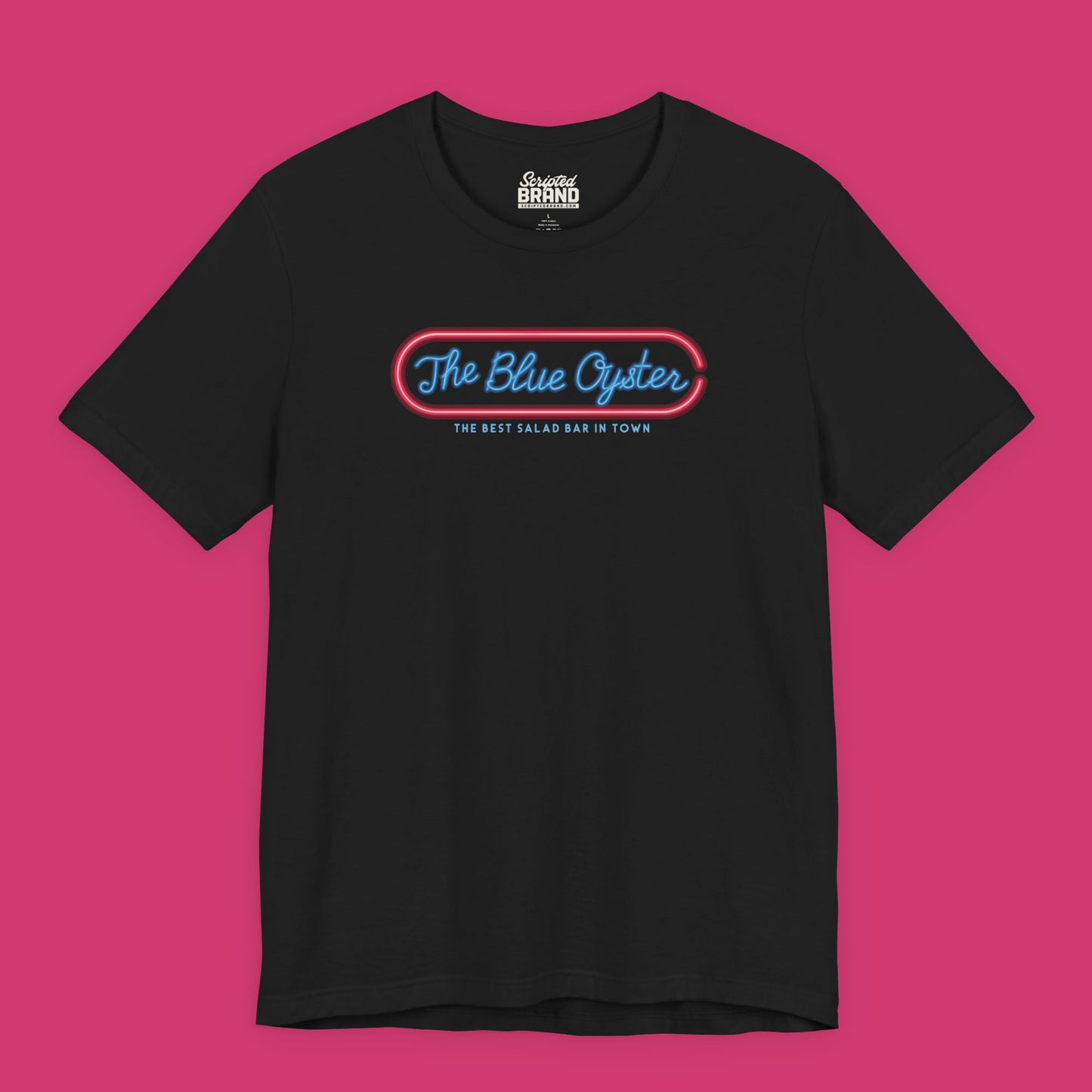Black colored graphic t-shirt with The Blue Oyster Bar neon sign inspired by Police Academy, soft Bella+Canvas cotton 80s movie tee