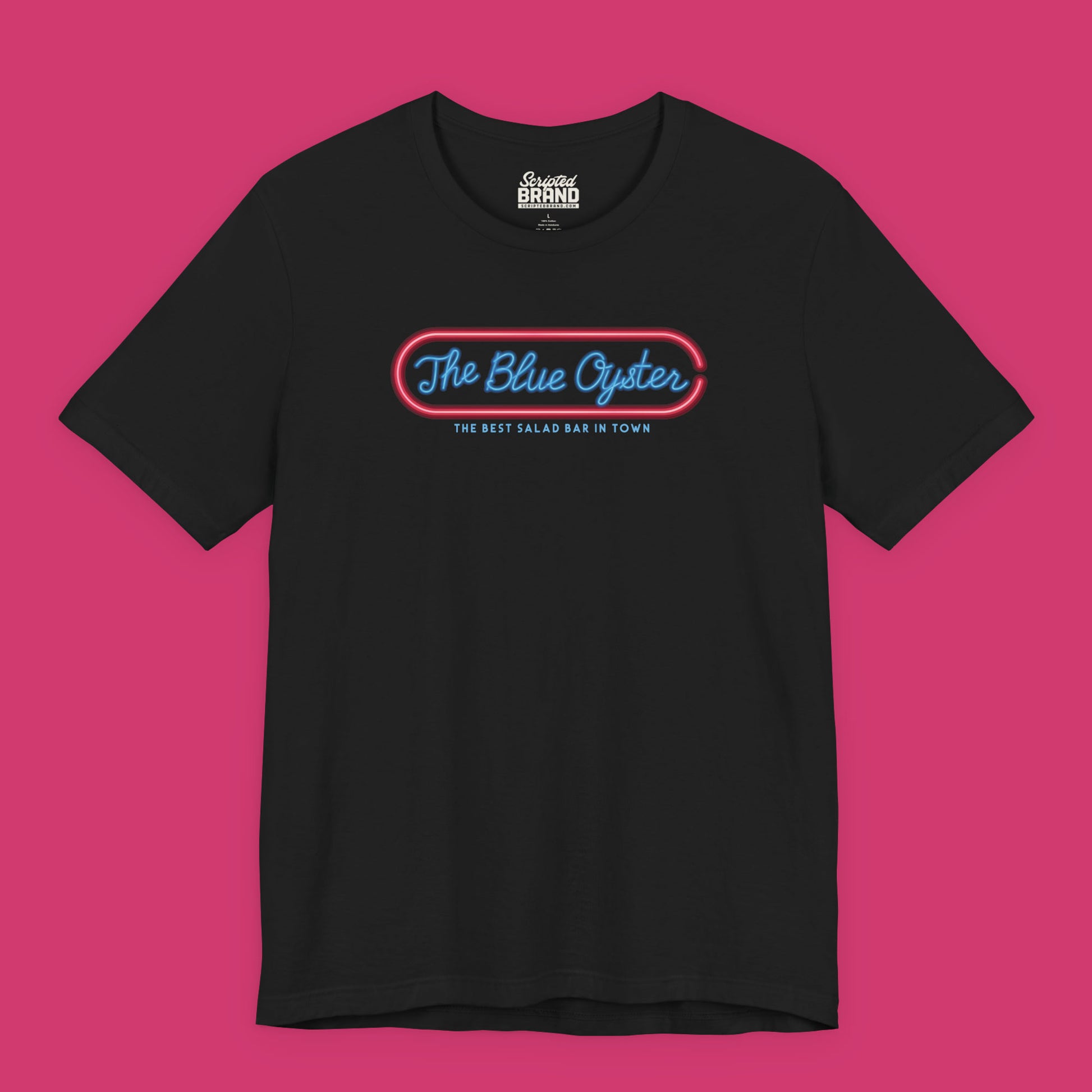 Black colored graphic t-shirt with The Blue Oyster Bar neon sign inspired by Police Academy, soft Bella+Canvas cotton 80s movie tee