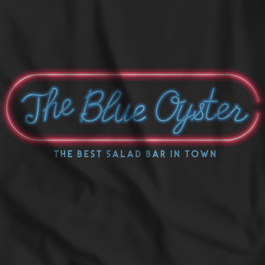Closeup of Black colored graphic t-shirt with The Blue Oyster Bar neon sign inspired by Police Academy, soft Bella+Canvas cotton 80s movie tee